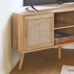 Eck-TV-Möbel mit Holzdekor und Rattan-Geflecht, 2 Türen, 1 Regal