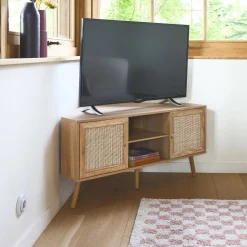 Eck-TV-Möbel mit Holzdekor und Rattan-Geflecht, 2 Türen, 1 Regal
