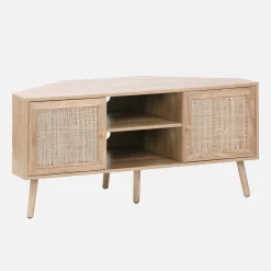 Eck-TV-Möbel mit Holzdekor und Rattan-Geflecht, 2 Türen, 1 Regal