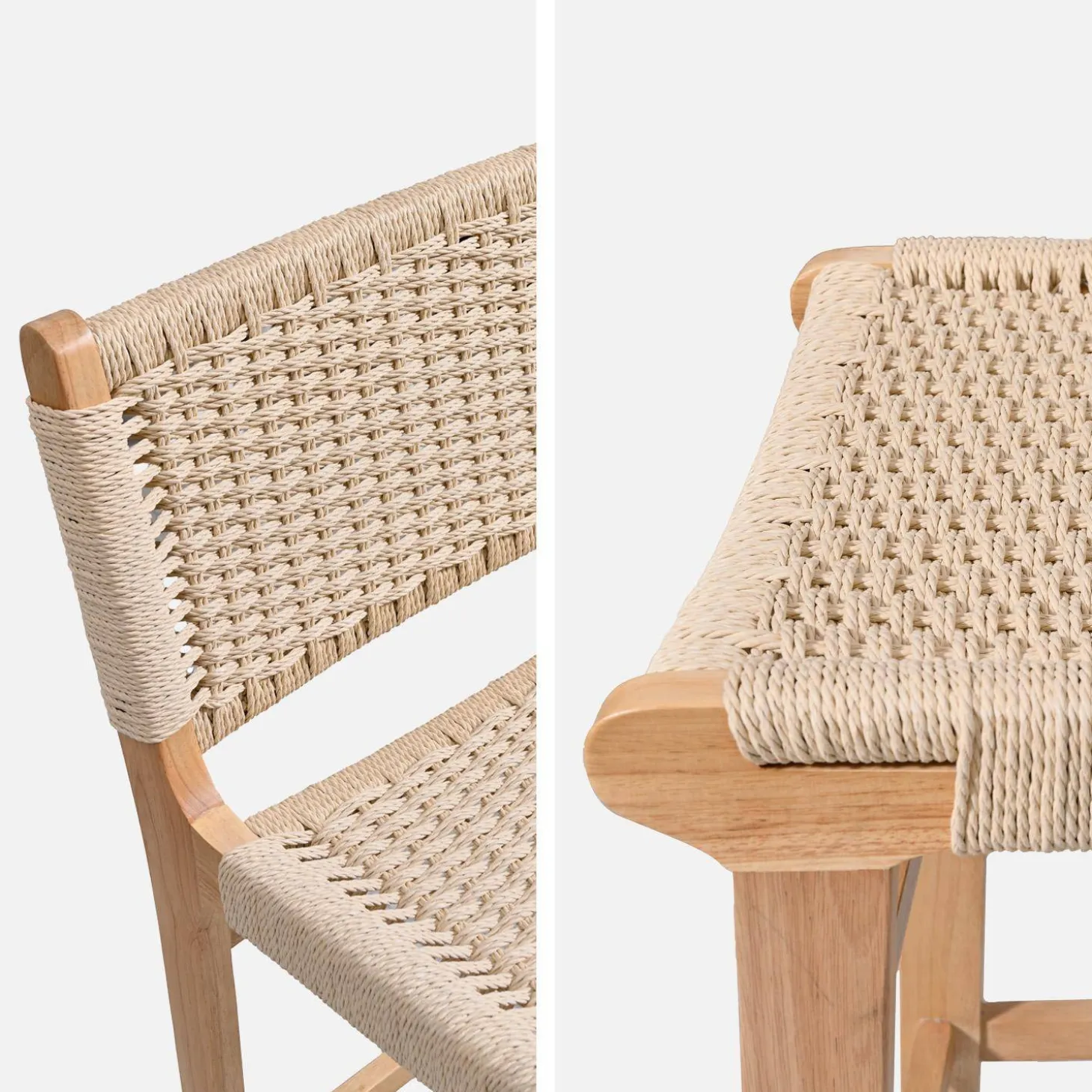 2er-Set Barhocker aus Heveaholz mit Seilbespannung