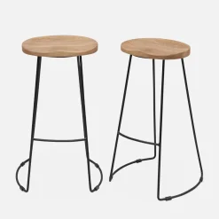 2er Set Barhocker aus Mangoholz und Stahl, Fußstütze, 75 cm