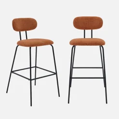 2er Set Barhocker mit nussbaumfarbenem Holzdekor, wasserabweisendem Stoff und schwarzen Metallbeinen