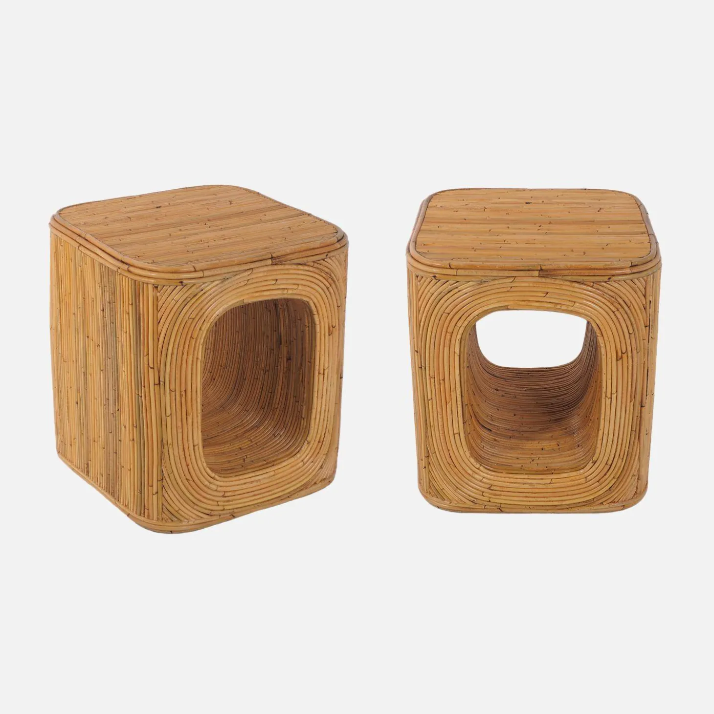 2er-Set Beistelltische, Nachttische mit Nische, aus natürlichem Rattan