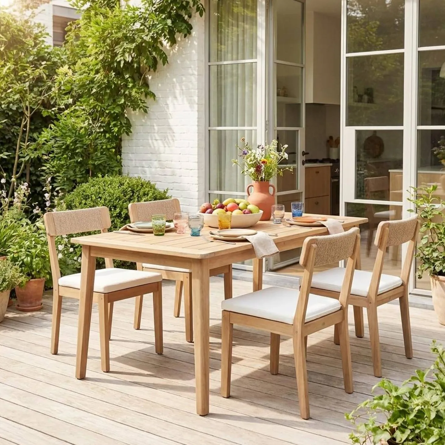 4er-Set Gartenstühle aus Akazienholz und Seil