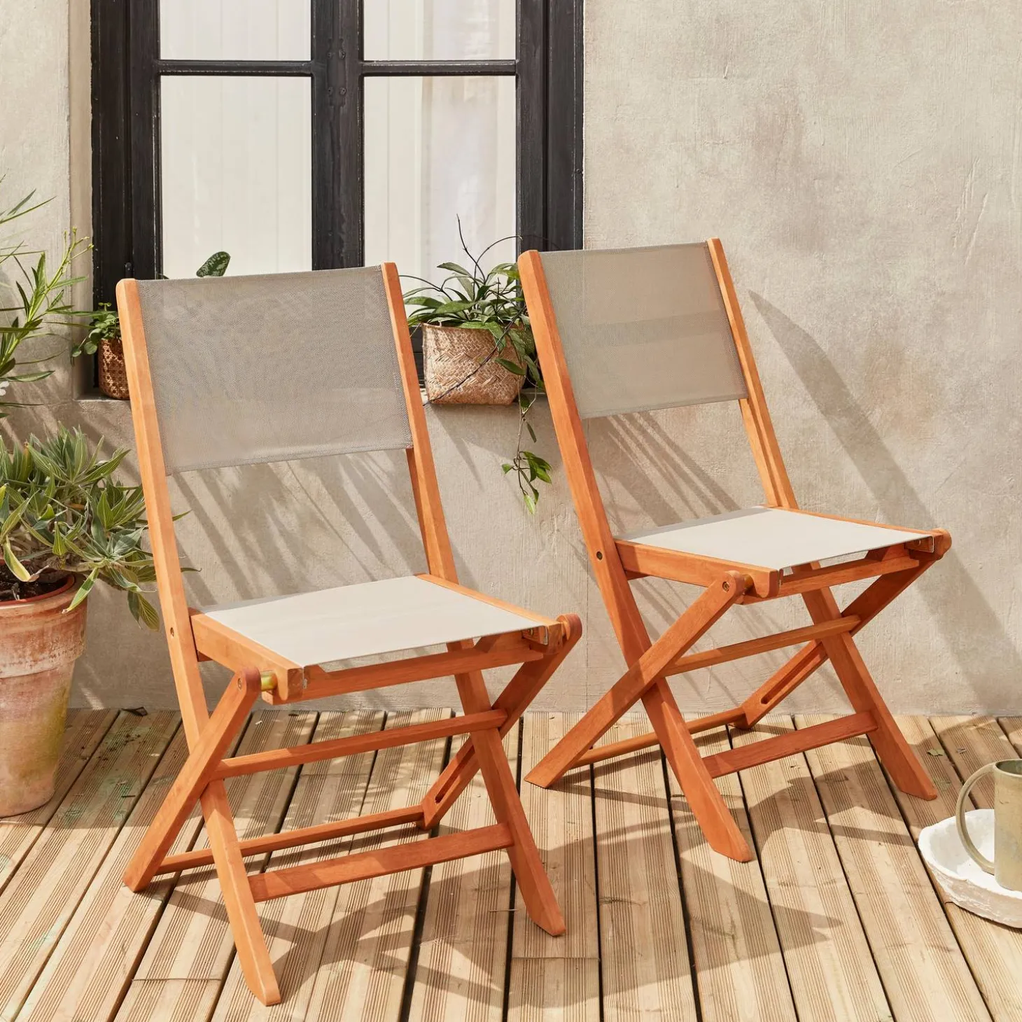 2er Set Gartenstühle Klappstühle, Holz und Textilene