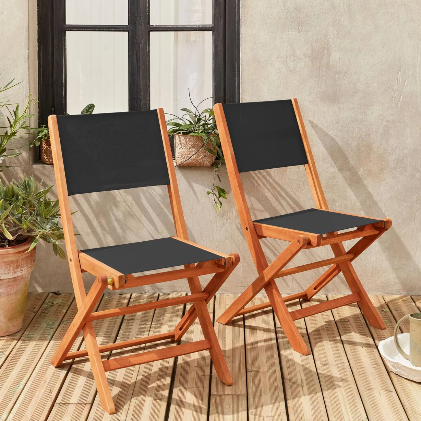 2er Set Gartenstühle Klappstühle, Holz und Textilene