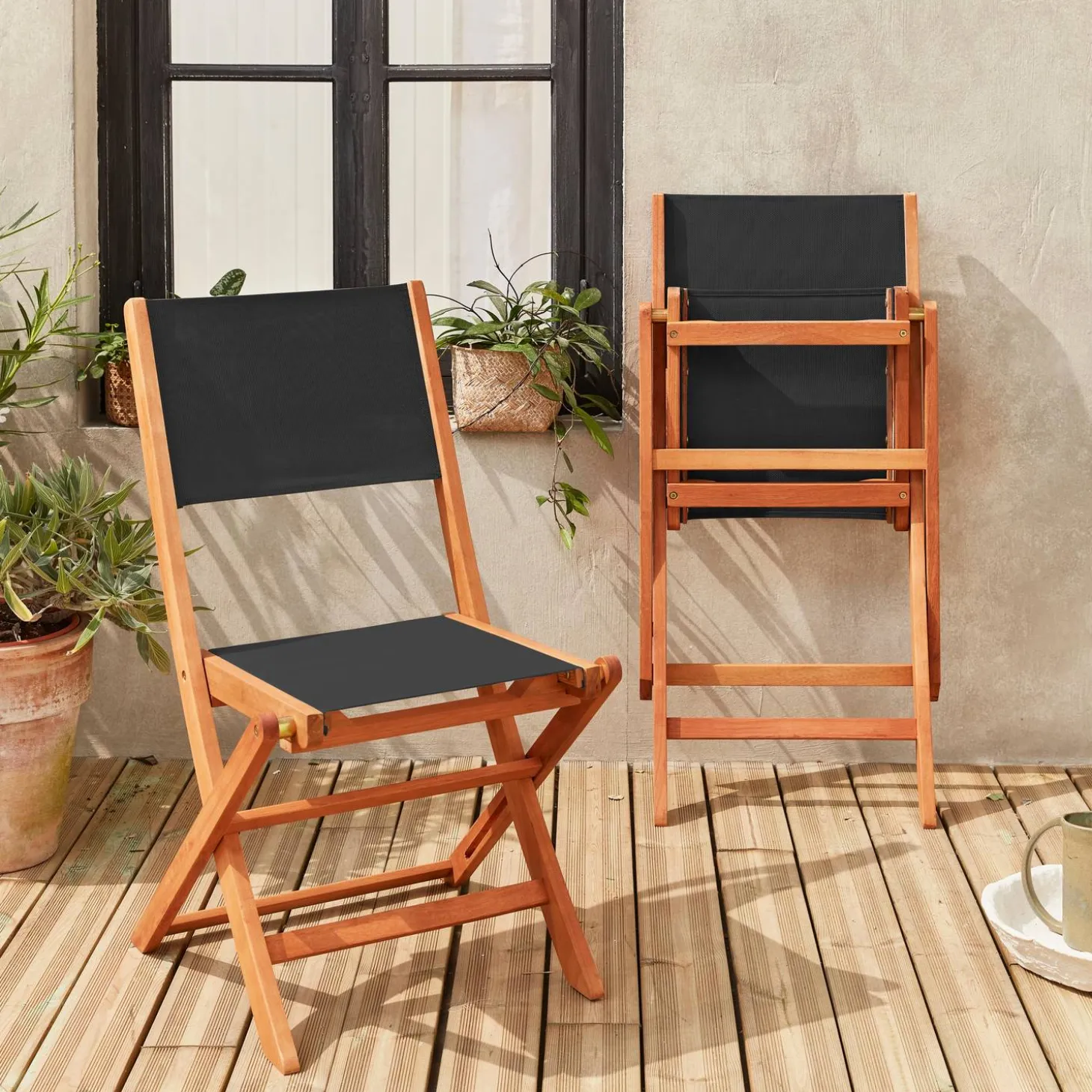 2er Set Gartenstühle Klappstühle, Holz und Textilene