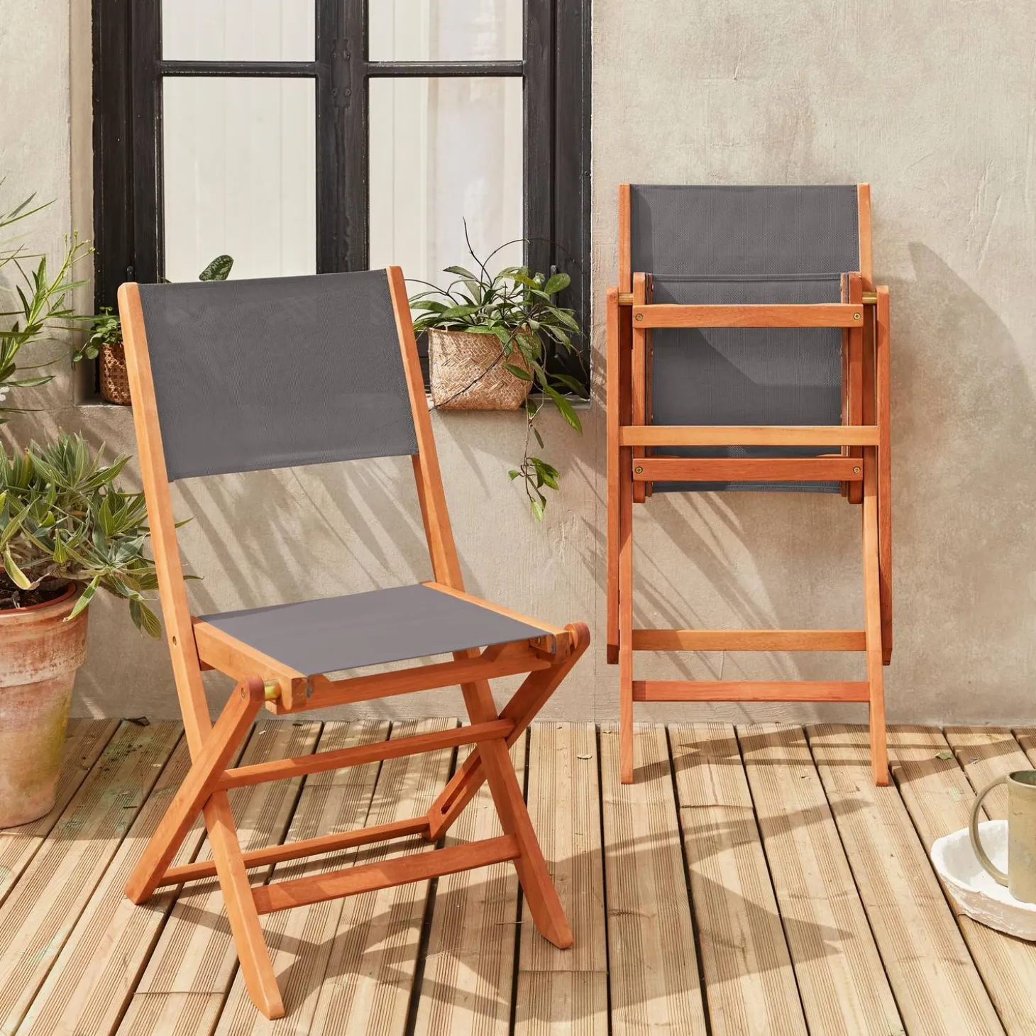 2er Set Gartenstühle Klappstühle, Holz und Textilene