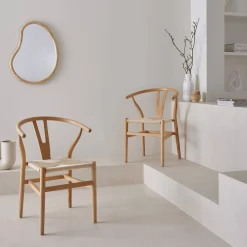 2er-Set Holzstühle mit Sitzfläche aus Seilbespannung