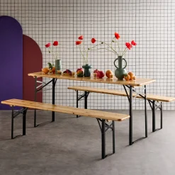 2er-Set klappbarer Partytische aus Tannenholz mit je 2 Bänken