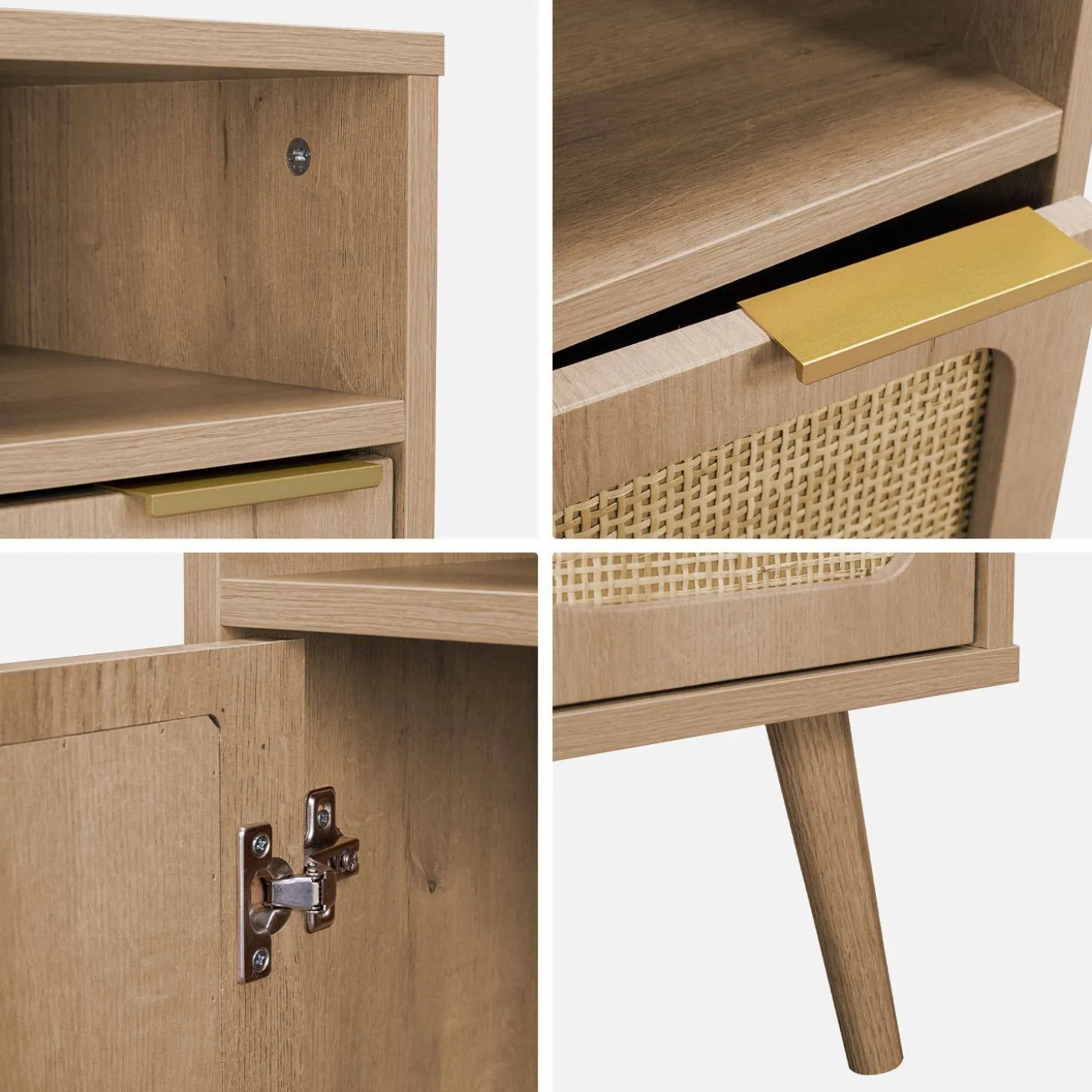 2er Set Nachttische mit Holzdekor und abgerundetem Rattan-Geflecht