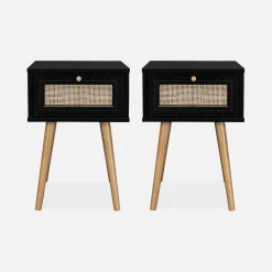 2er-Set Nachttische mit Holzlook und Rattan-Geflecht