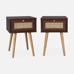 2er-Set Nachttische mit Holzlook und Rattan-Geflecht