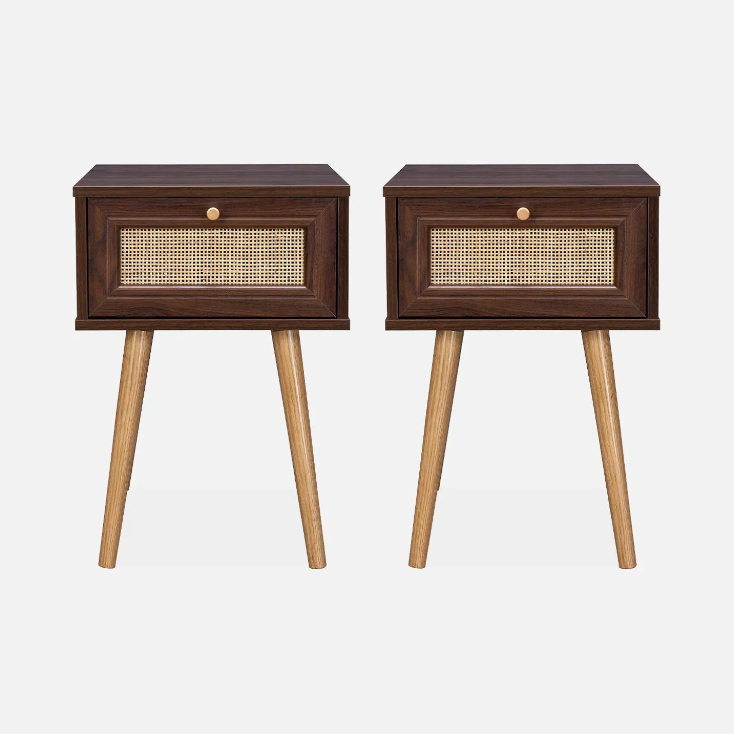 2er-Set Nachttische mit Holzlook und Rattan-Geflecht