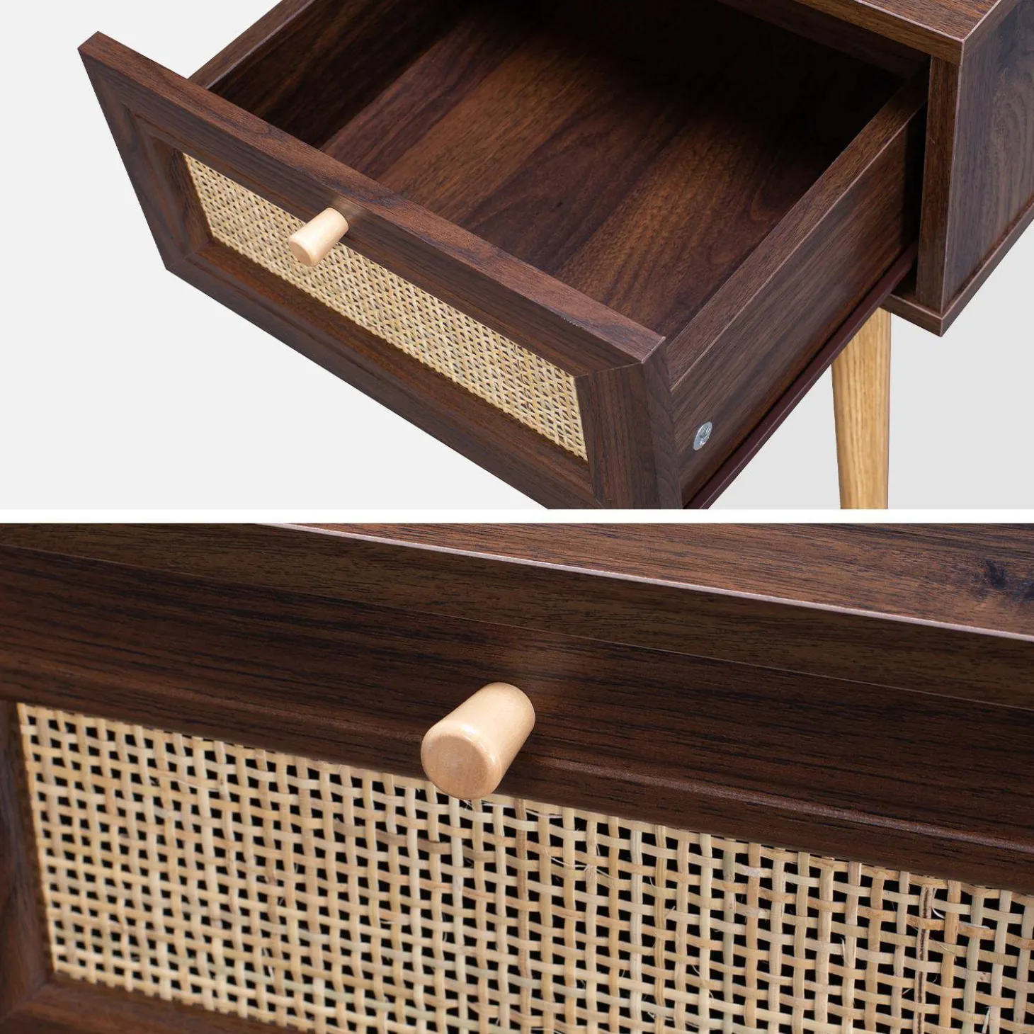 2er-Set Nachttische mit Holzlook und Rattan-Geflecht