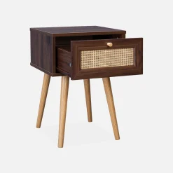 2er-Set Nachttische mit Holzlook und Rattan-Geflecht