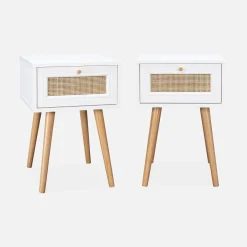 2er-Set Nachttische mit Holzlook und Rattan-Geflecht