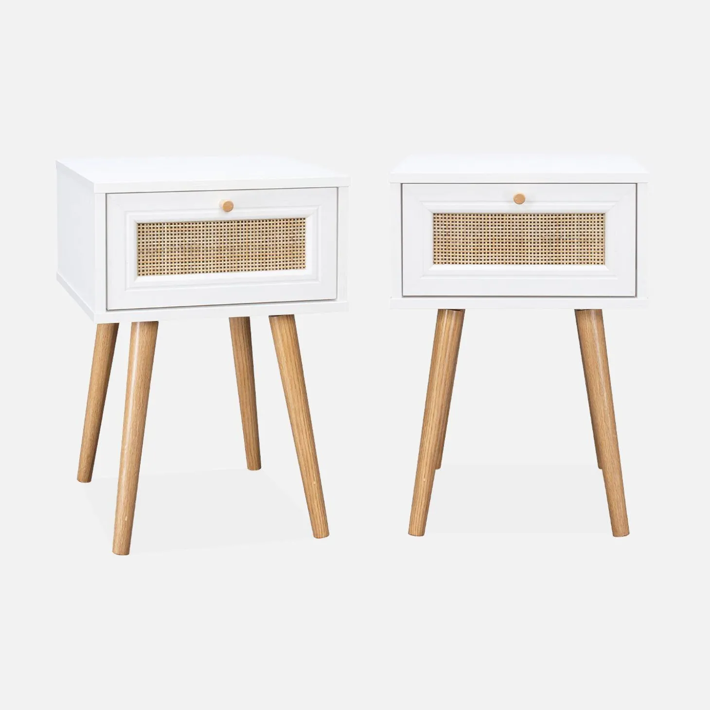 2er-Set Nachttische mit Holzlook und Rattan-Geflecht