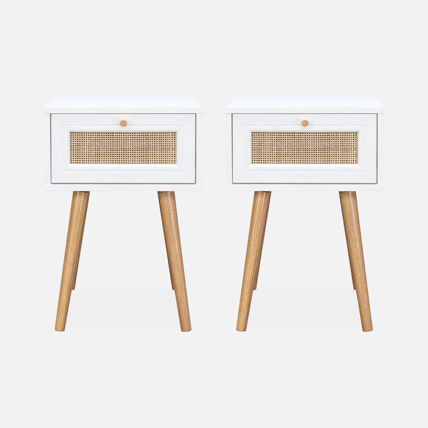 2er-Set Nachttische mit Holzlook und Rattan-Geflecht