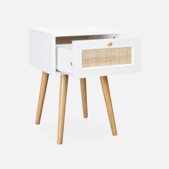 2er-Set Nachttische mit Holzlook und Rattan-Geflecht