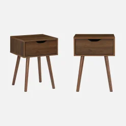 2er-Set Nachttisch mit nussfarbenem Holzdekor, 1 Schublade