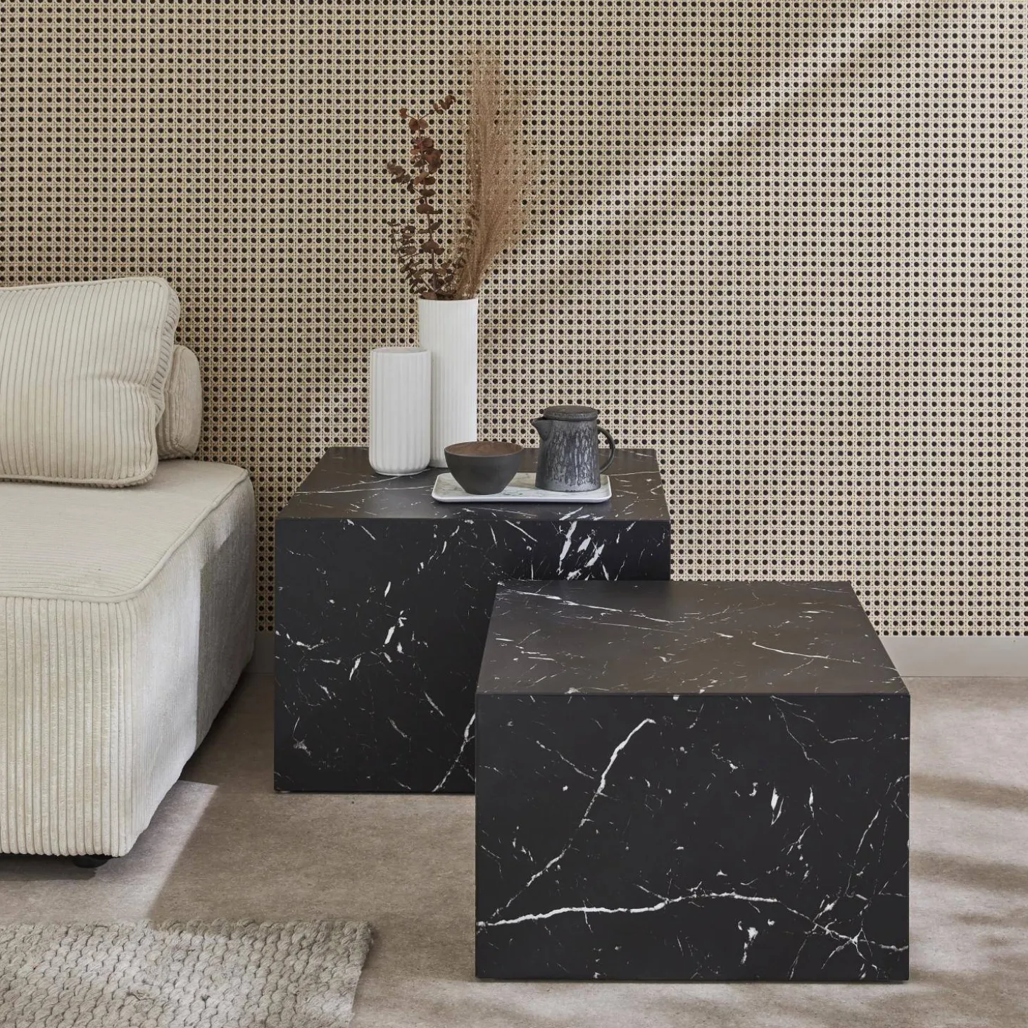 2er-Set quadratische Couchtische mit Marmorlook