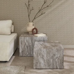 2er-Set quadratische Couchtische mit Marmorlook