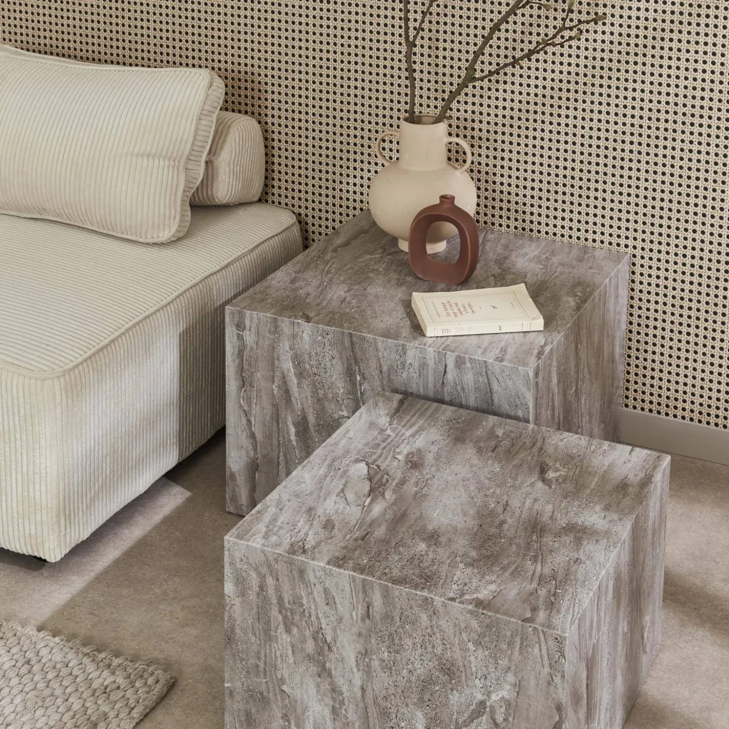 2er-Set quadratische Couchtische mit Marmorlook