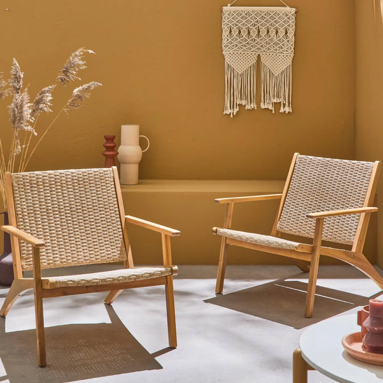 2er-Set Relaxsessel aus Akazienholz und Kunststoffgeflecht