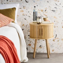 2er-Set skandinavische ovale Nachttische mit Holzlook, 2 Schiebetüren