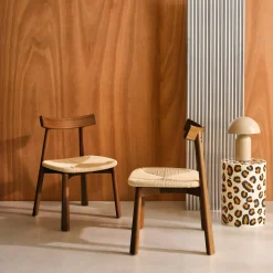 2er-Set skandinavische Stühle Heveaholz und Seilbespannung