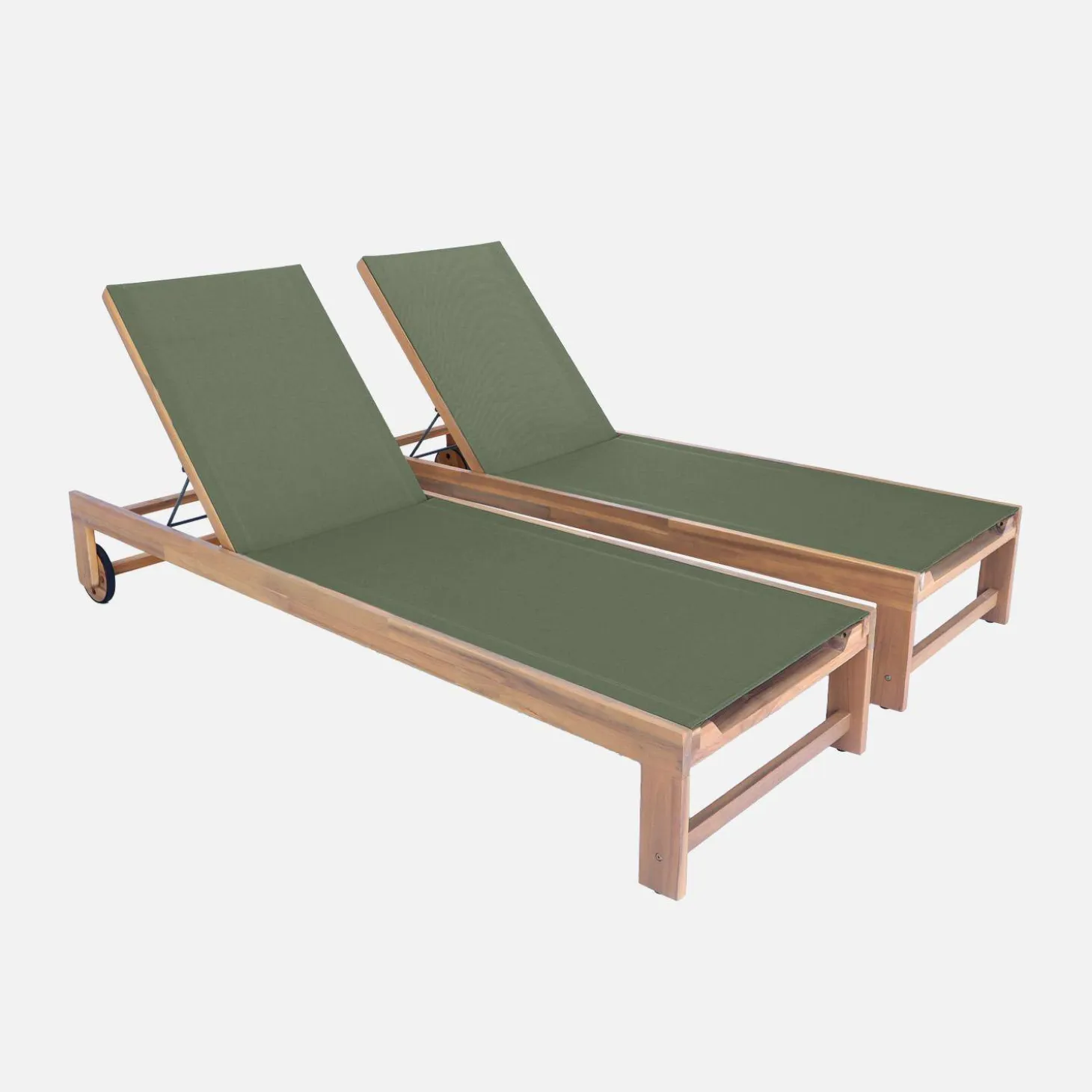 2er-Set Sonnenliegen aus Akazienholz, mehrere Positionen, mit Rollen