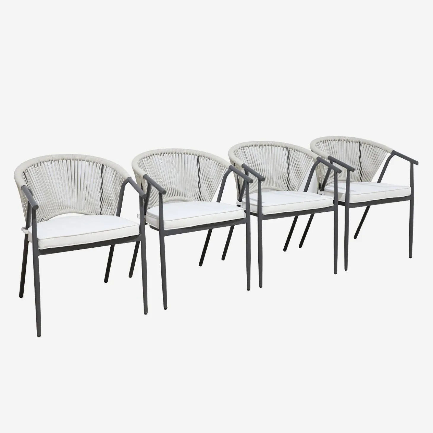 4er-Set stapelbare Gartensessel aus Stahl mit Seilbespannung