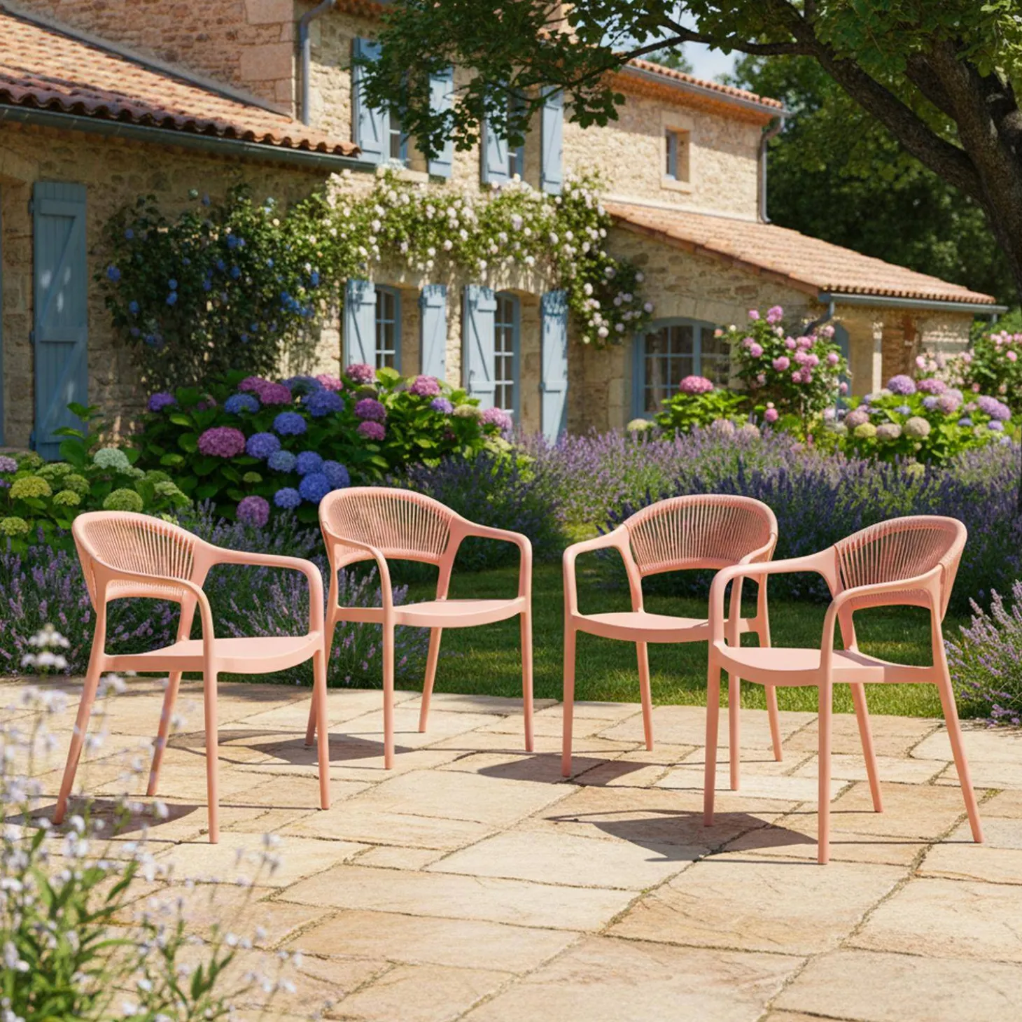 4er-Set stapelbare Gartenstühle mit Seiloptik