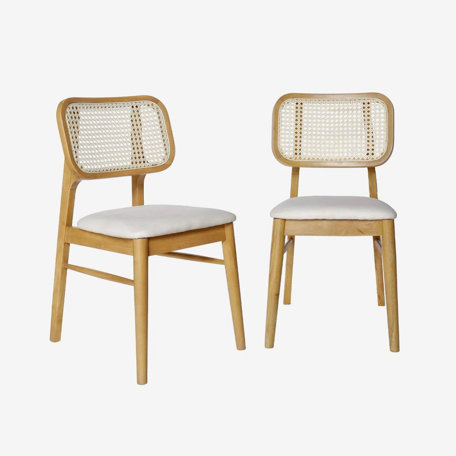 2er-Set Stühle aus Hevea-Holz, Rattan-Geflecht und Stoff