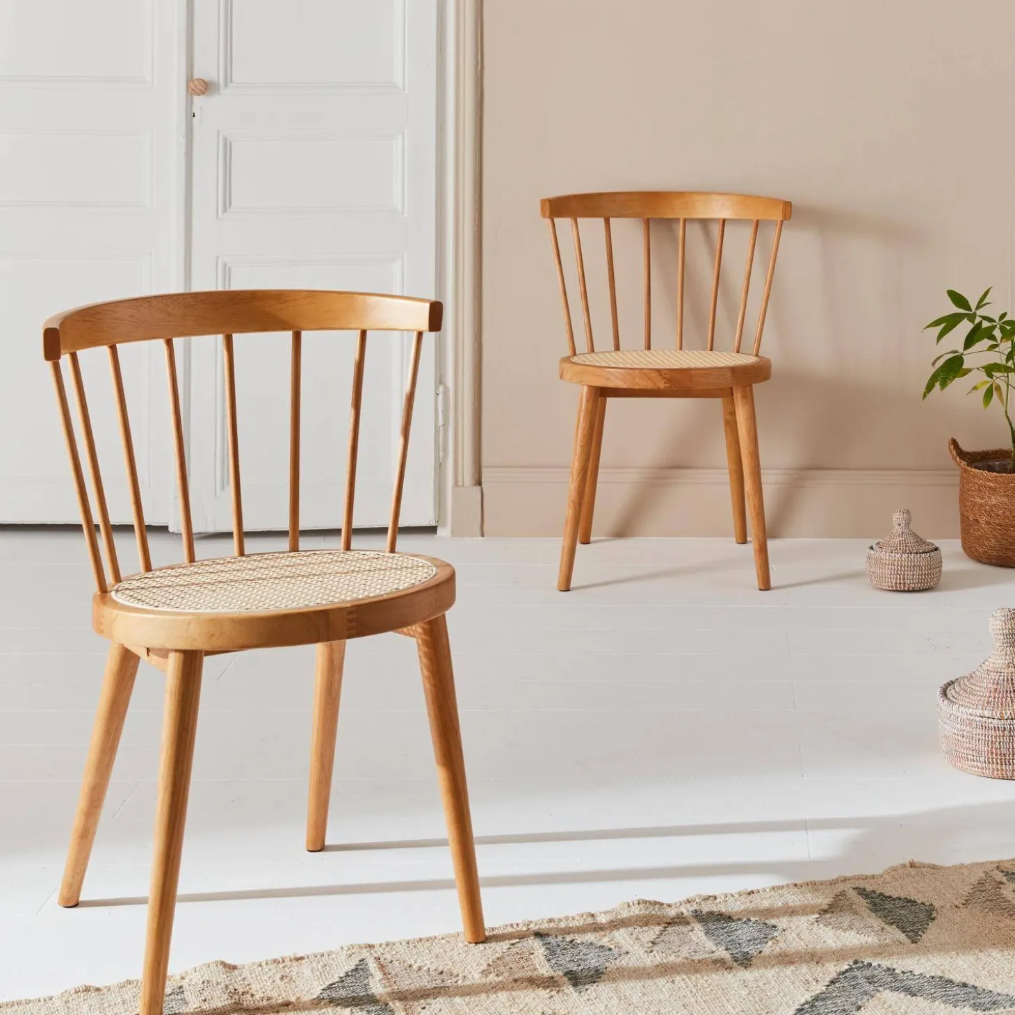2er-Set Stühle aus Holz und Rohrgeflecht