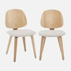 2er-Set Stühle, gewölbtes Holz mit Dekor und Bouclé-Bezug