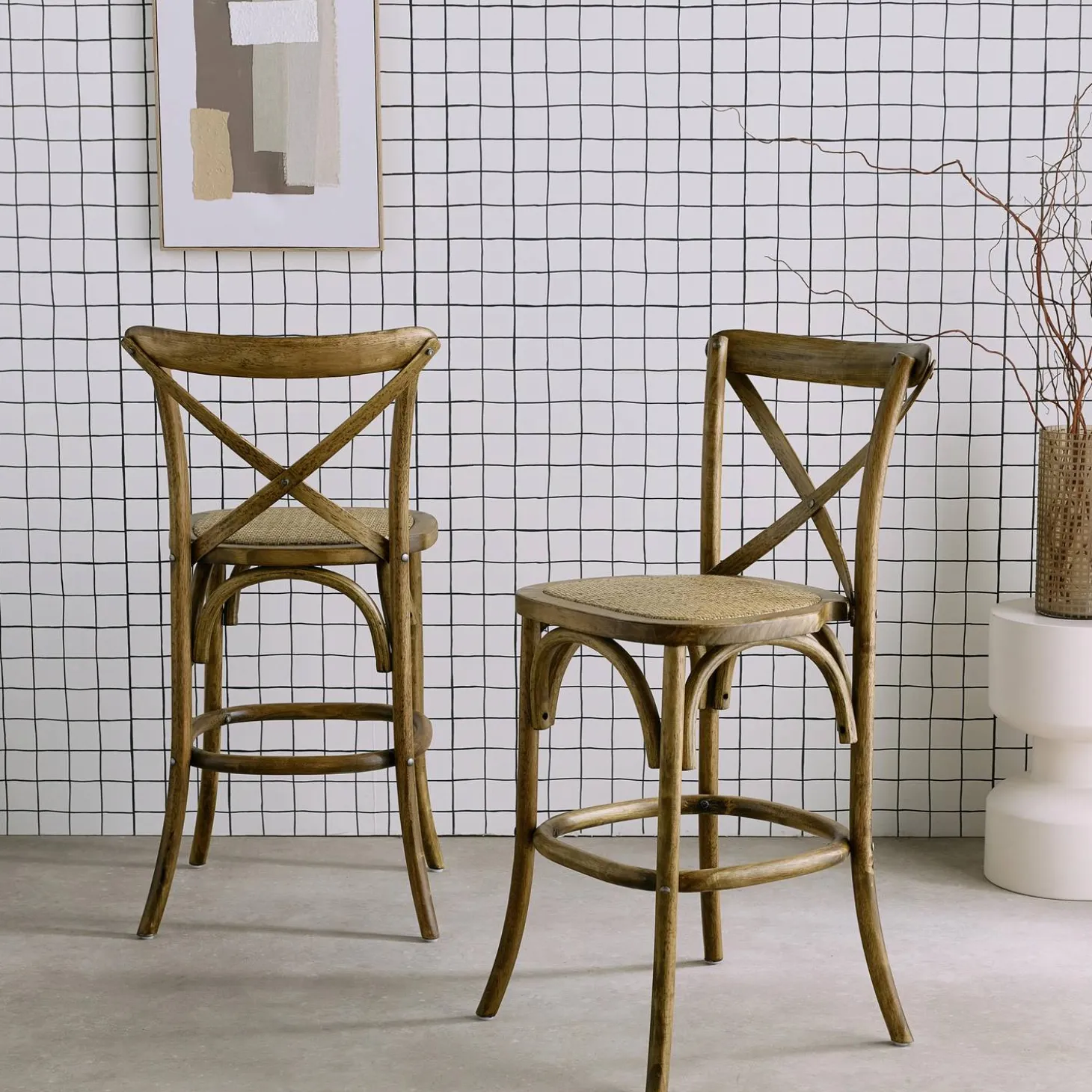 2er-Set Vintage Bistro-Barhocker aus Holz H 105 cm