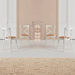 4er-Set Vintage Bistro-Stühle aus Holz mit Rattan