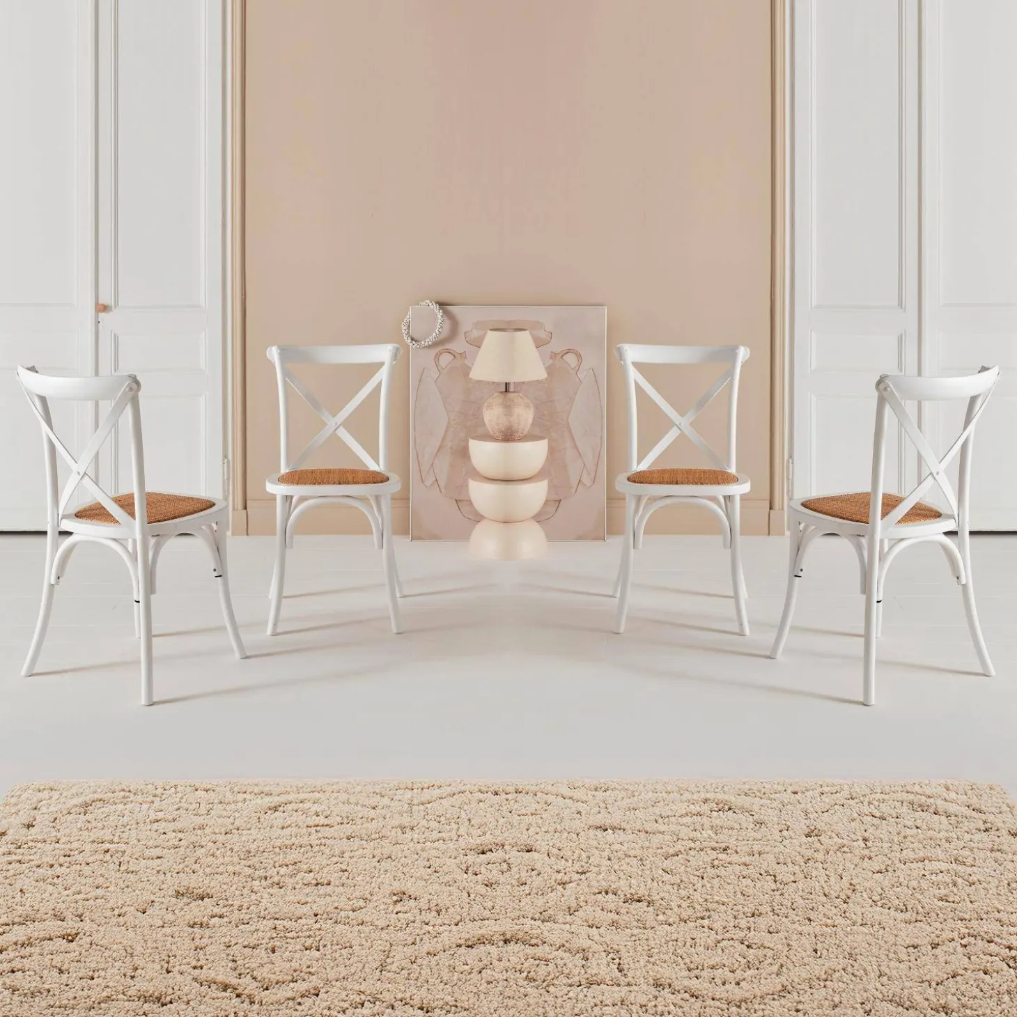 4er-Set Vintage Bistro-Stühle aus Holz mit Rattan