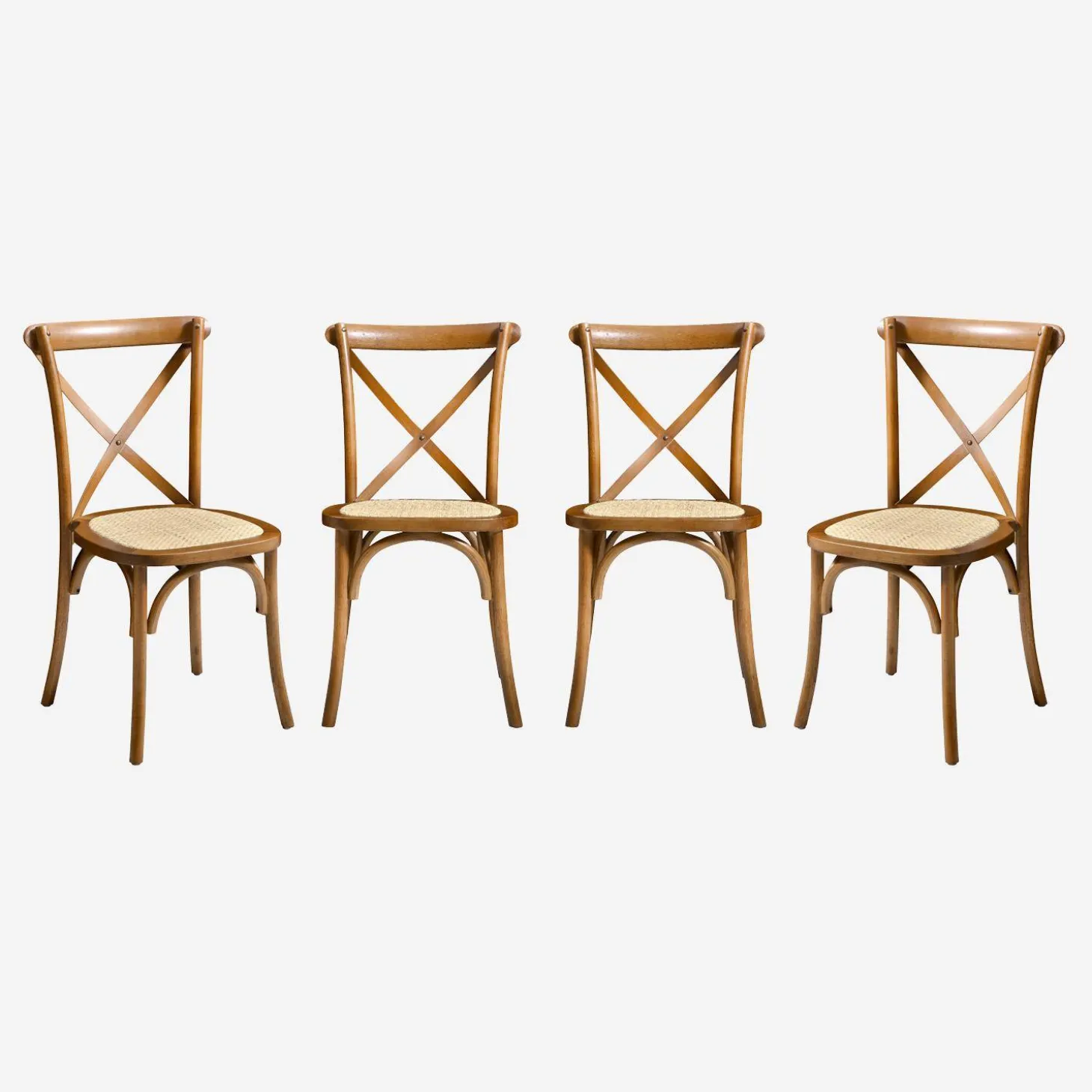 4er-Set Vintage Bistro-Stühle aus Holz mit Rattan