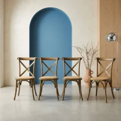 4er-Set Vintage Bistro-Stühle aus Holz mit Rattan