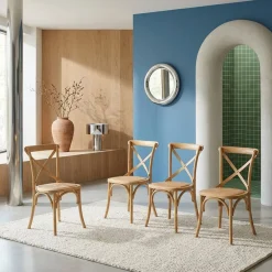 4er-Set Vintage Bistro-Stühle aus Holz mit Rattan