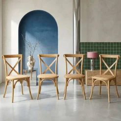 4er-Set Vintage Bistro-Stühle aus Holz mit Rattan