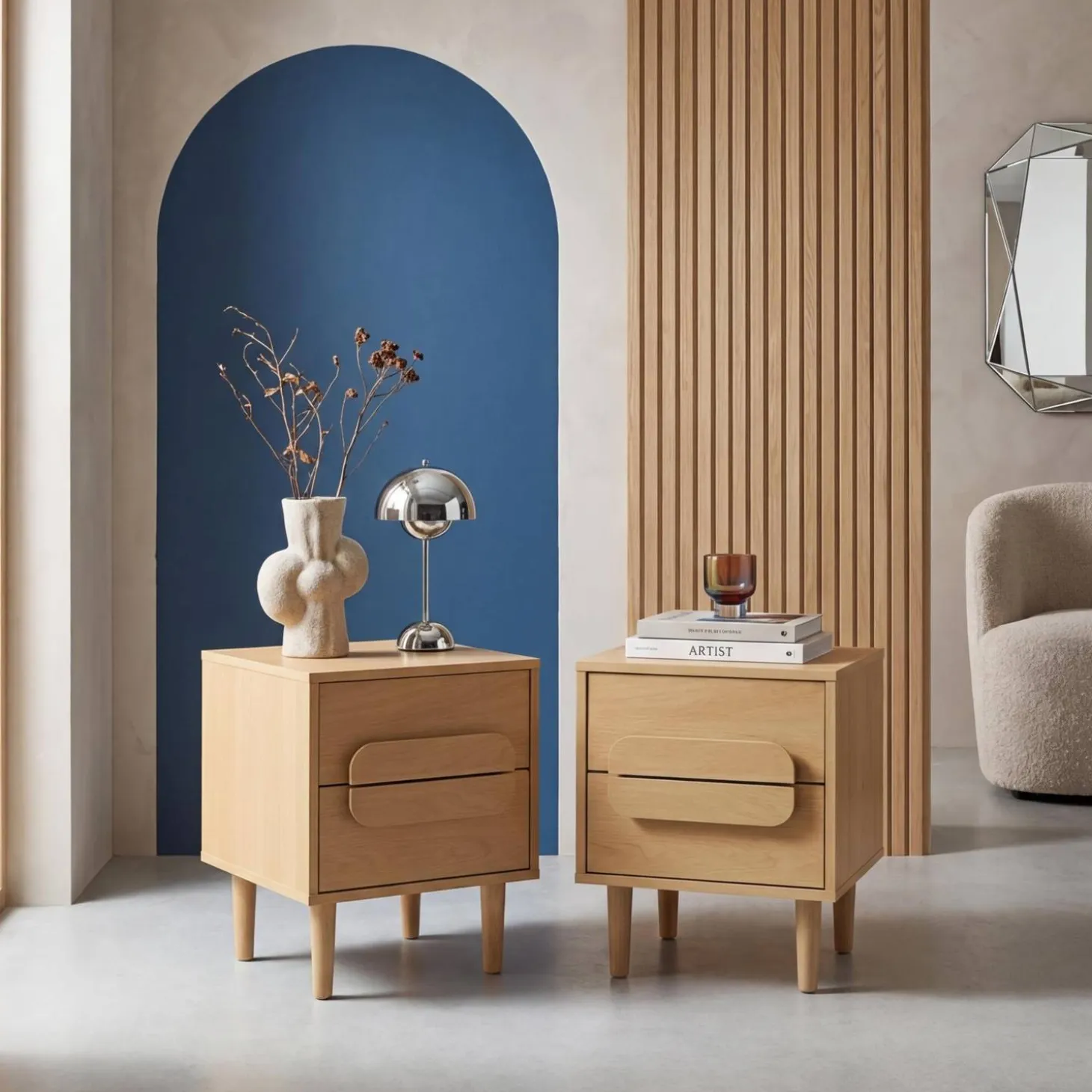 2er-Set Vintage-Nachttische im Holzlook mit 2 Schubladen