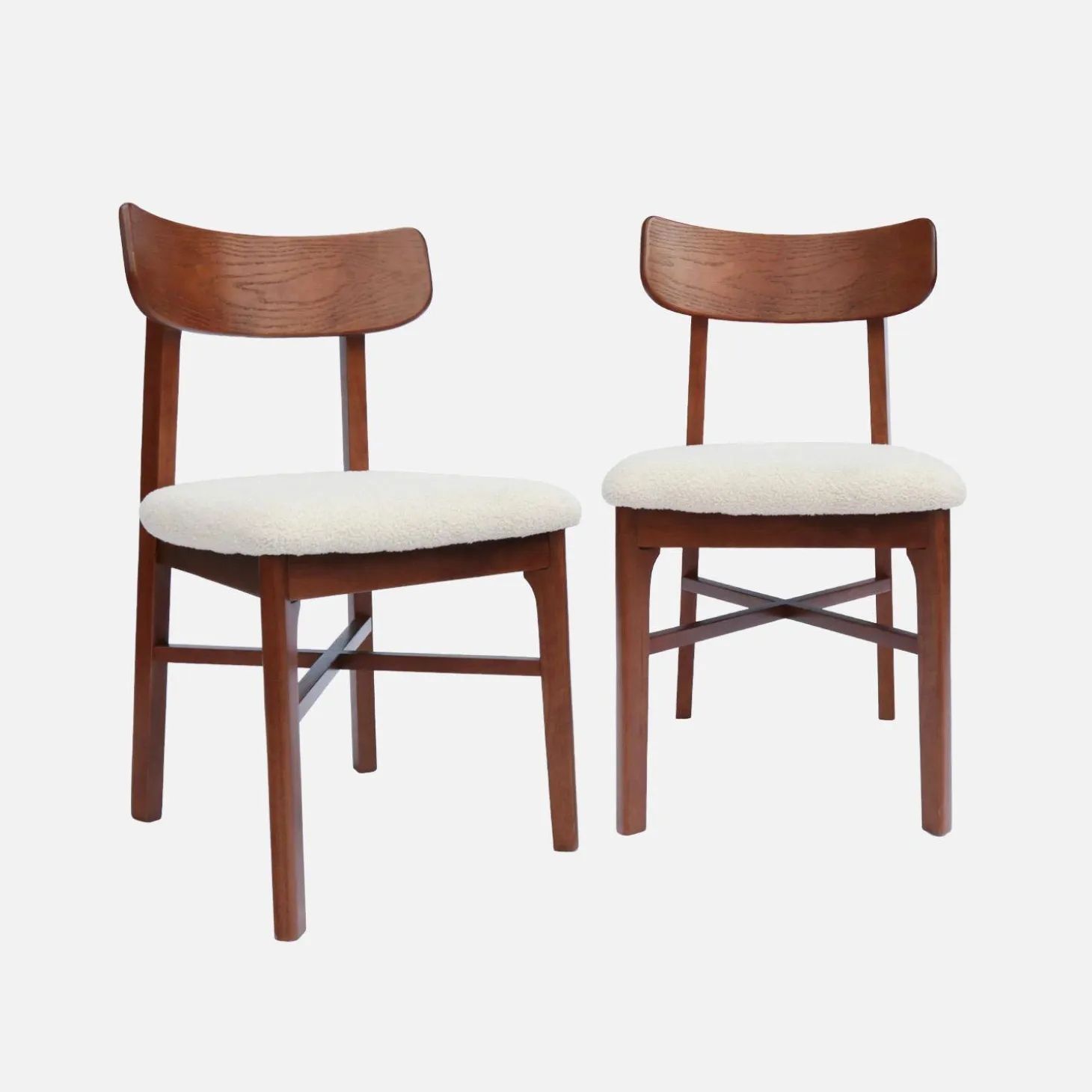 2er-Set Vintage-Stühle aus Heveaholz mit Bouclé-Bezug
