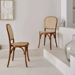 2er-Set Vintage-Stühle aus Holz und Rattan-Geflecht