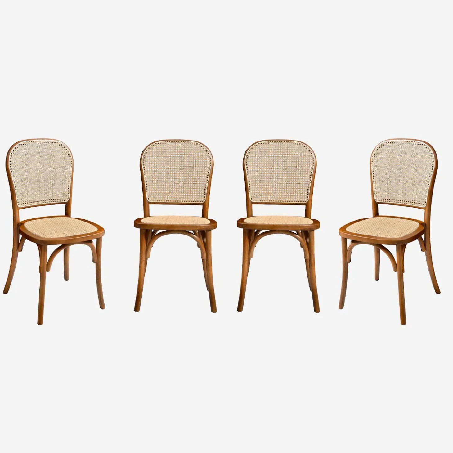 4er-Set Vintage Stühle aus Holz und Rattan-Geflecht