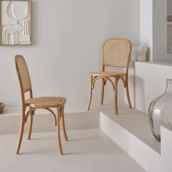 2er-Set Vintage-Stühle aus Holz und Rattan-Geflecht