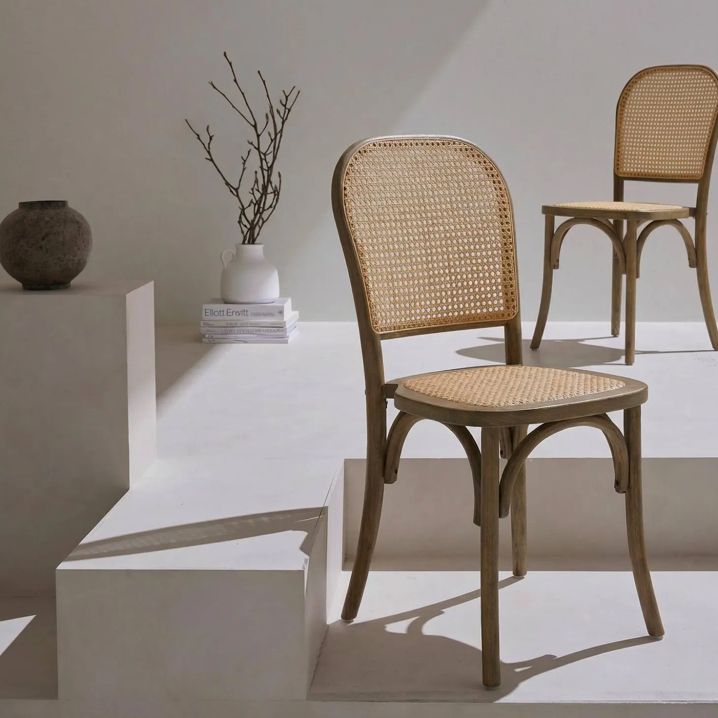 2er-Set Vintage-Stühle aus Holz und Rattan-Geflecht